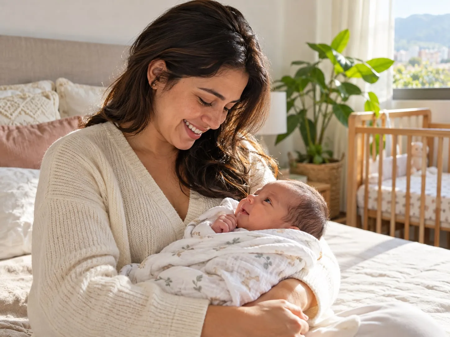 Una madre sonríe a su bebé recién nacido en una habitación luminosa